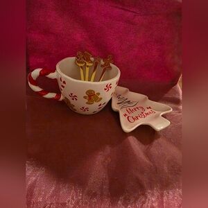 Christmas Mug, 4 Mini Spoons, And Tree Dish Set NEW